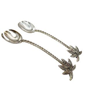 Vintage Godinger Palm Tree Salad Servers Silver Plate Fork & Spoon 12.5" Set